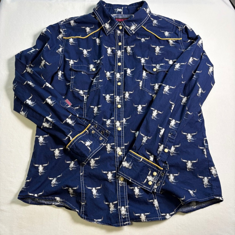 Rock and Roll Cowgirl Western Shirt XL Blue Steer Skull Snap Front